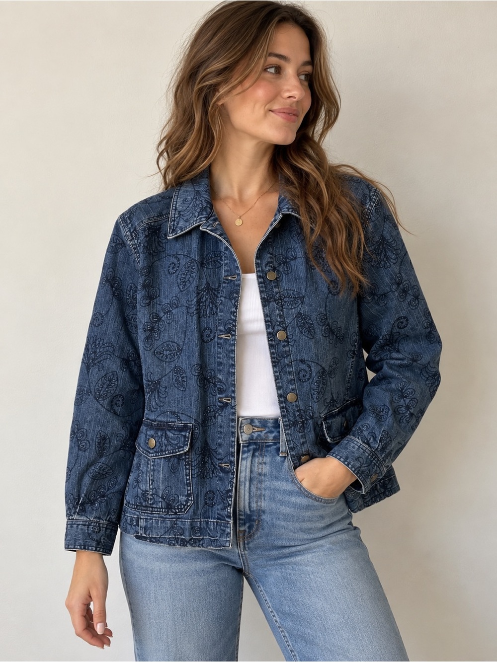 Alfred Dunner Petite Floral Denim Jacket Women’s 12P Blue Y2K Embroidered Look